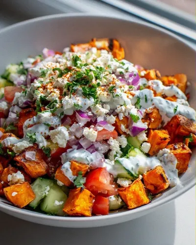 Mediterranean Sweet Potato Taco Bowl with Feta & Tzatziki
