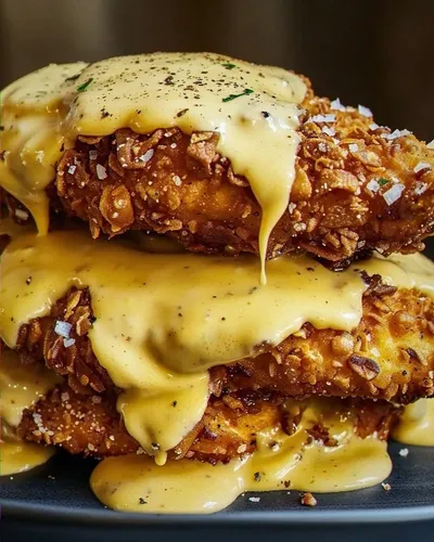 Pretzel-Crusted Chicken with Creamy Cheese Sauce
