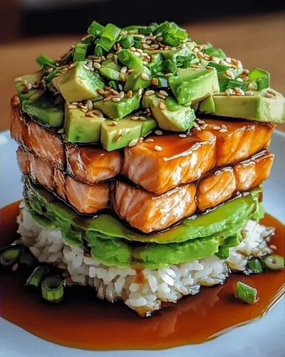 Teriyaki Salmon Avocado Rice Stack: A Flavorful Delight!