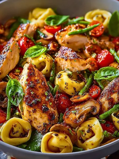 Warm Balsamic Chicken Tortellini Salad