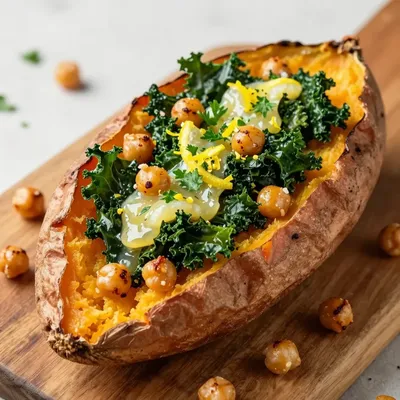 baked sweet potatoes stuffed with kale and lemon garlic chickpeas