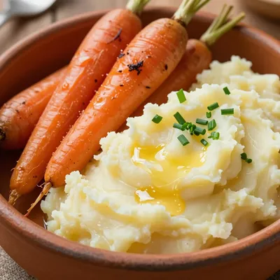 batch cook creamy garlic mashed potatoes and roasted carrots