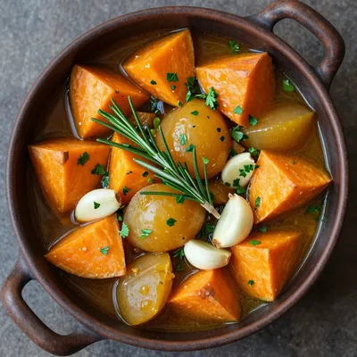 batch cook hearty root vegetable stew with fresh herbs and garlic