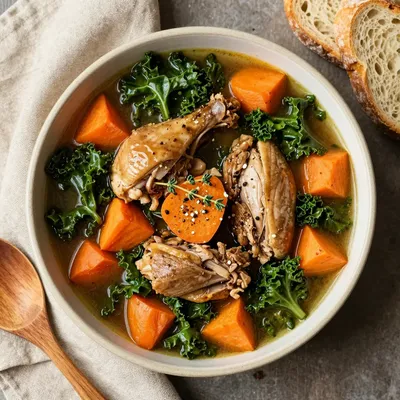 batch cooked turkey stew with kale carrots and sweet potatoes for family meals