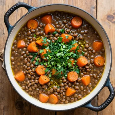 batch cooking lentil and carrot stew with fresh herbs for family dinners