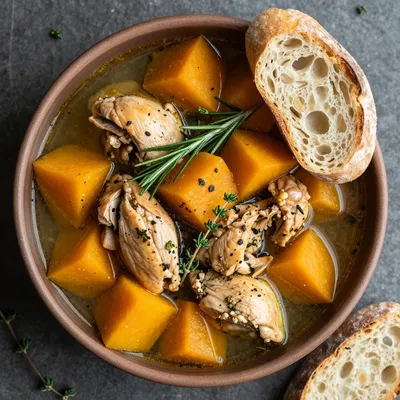 budget friendly slow cooker chicken and winter squash stew with herbs