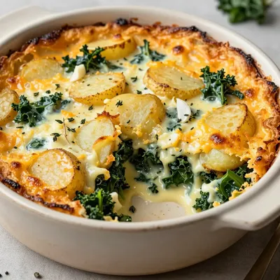 cheesy kale and potato gratin with garlic and thyme for winter nights
