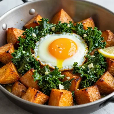 cozy breakfast sweet potato and kale hash with garlic and lemon