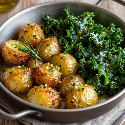 cozy garlic and herb roasted potatoes with kale for family gatherings