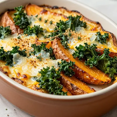 cozy roasted sweet potato and kale casserole for weeknight dinners