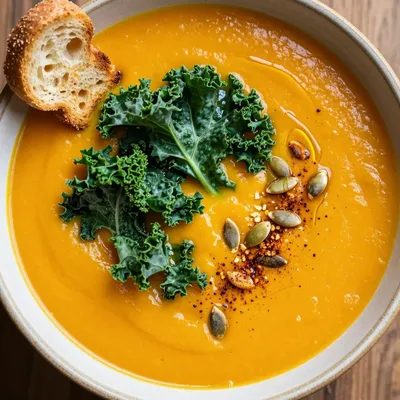 creamy butternut squash soup with kale for cold january evenings