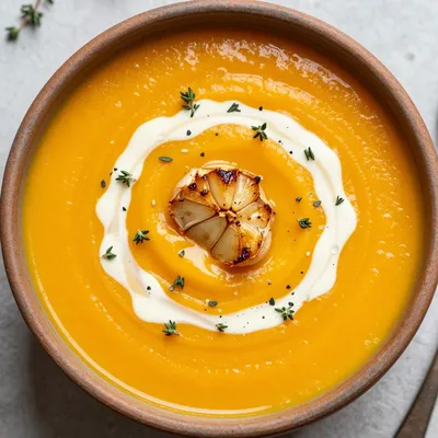creamy butternut squash soup with roasted garlic and thyme