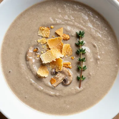 Creamy Mushroom Soup with a Flaky Parmesan Topping