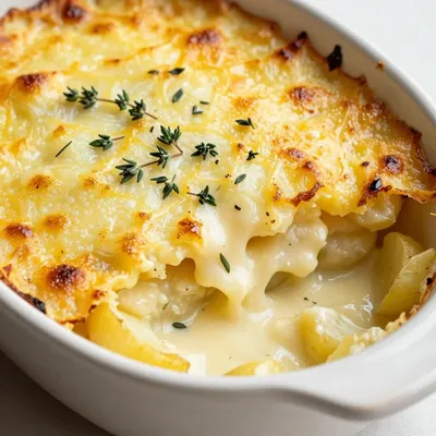 creamy potato gratin with roasted garlic and fresh thyme