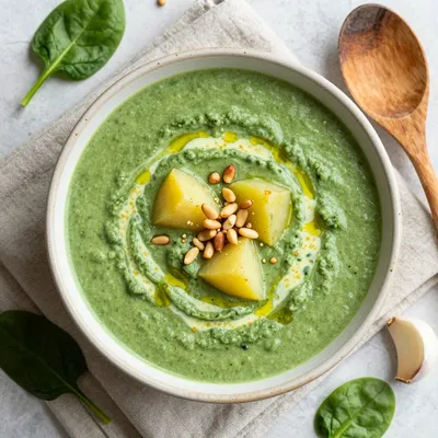 creamy spinach and potato soup with garlic for healthy winter dinners