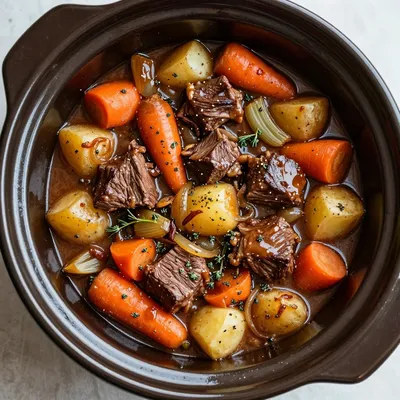familystyle slow cooker beef stew with root vegetables and herbs