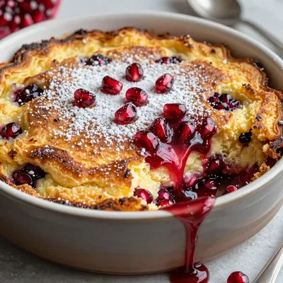 fluffy pancake casserole with pomegranate syrup for festive breakfasts
