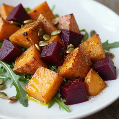 garlic roasted sweet potato and beet salad with warm spices for budget meals