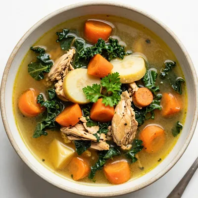 healthy batch cooking root vegetable and chicken soup with winter greens