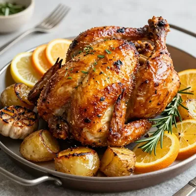 healthy citrus and herb roasted chicken with garlic and potatoes