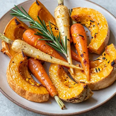 healthy citrus and herb roasted winter squash and root vegetables