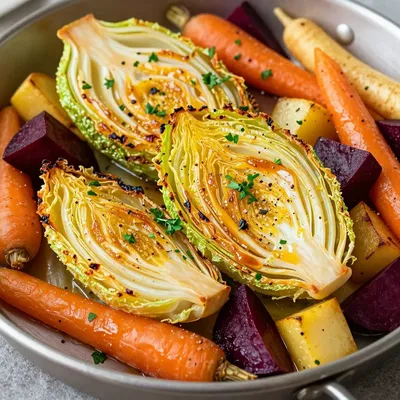 healthy lemon and garlic roasted cabbage and root veggies