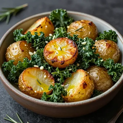 healthy roasted potatoes and kale with garlic and herbs for winter