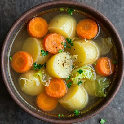 healthy winter vegetable soup with cabbage carrots and potatoes