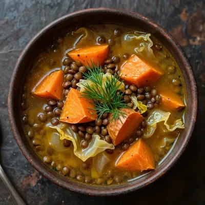 hearty one pot lentil and cabbage soup with root vegetables for dinner