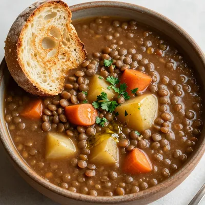 hearty one pot lentil and root vegetable soup for winter meal prep