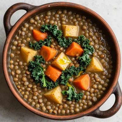 hearty onepot lentil and root vegetable soup with kale and garlic
