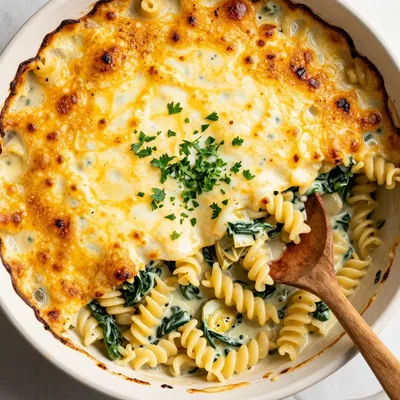 Kid Friendly Cheesy Spinach and Artichoke Pasta Bake