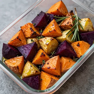 meal prep friendly roasted root vegetables with rosemary and thyme