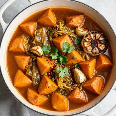 one pot cabbage and sweet potato stew with garlic for easy dinners