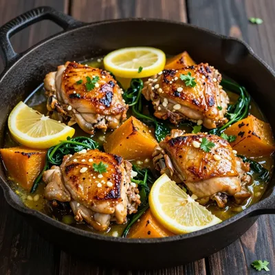 one pot garlic lemon chicken with winter squash and spinach