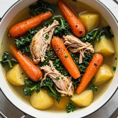 onepot chicken and kale soup with roasted carrots and potatoes for families