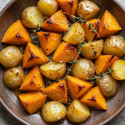 savory garlic roasted winter squash and potatoes with fresh thyme