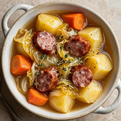 slow cooker cabbage and sausage stew with winter root vegetables