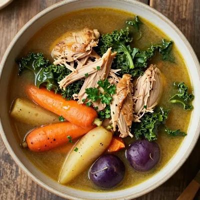 slow cooker chicken and kale stew with roasted root vegetables