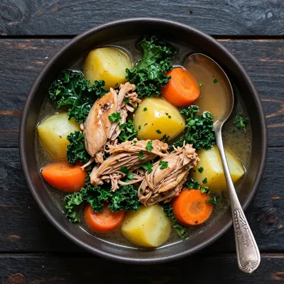slow cooker chicken and kale stew with root vegetables for january