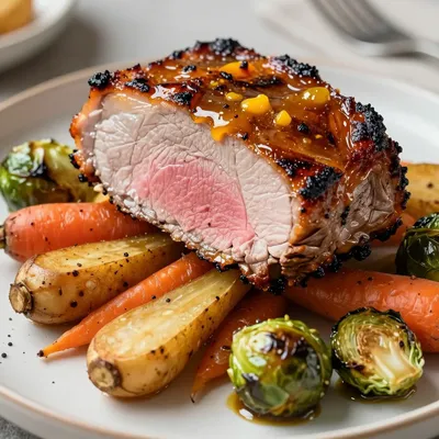 slow roasted citrus glazed pork loin with winter root vegetables