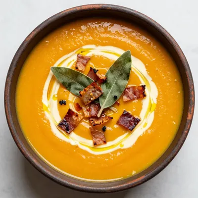 warm butternut squash soup with sage and crispy pancetta for winter