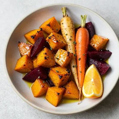 warm citrus roasted winter squash and root vegetables for meal prep