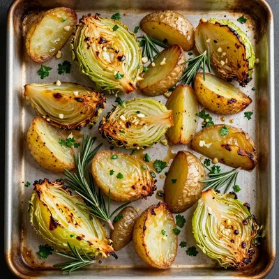 warm garlic roasted cabbage and potatoes with fresh herbs