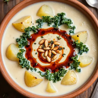 warm garlic roasted potato and kale soup for cold january nights