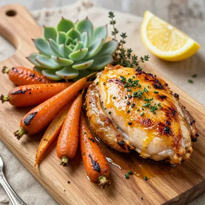 warm lemon and herb chicken with roasted parsnips and carrots
