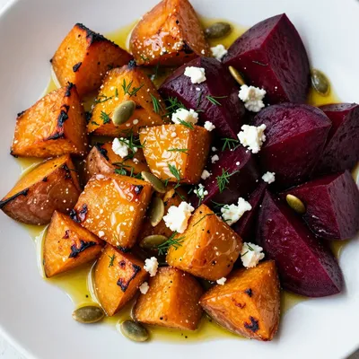 warm lemon garlic roasted sweet potato and beet salad for january