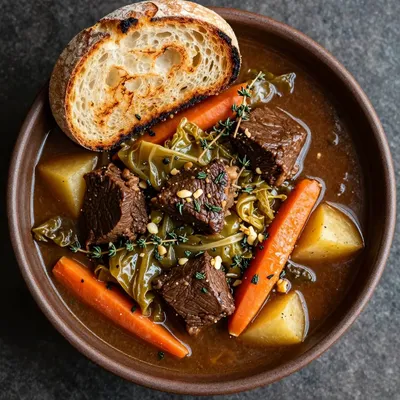 warm slow cooker beef and cabbage stew with garlic and fresh thyme