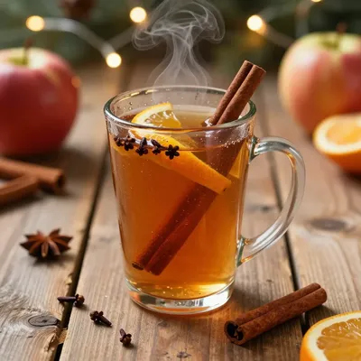 warm spiced apple cider with cloves and orange for winter holiday warmth
