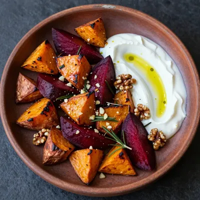 warm sweet potato and beet salad with garlic and rosemary for january